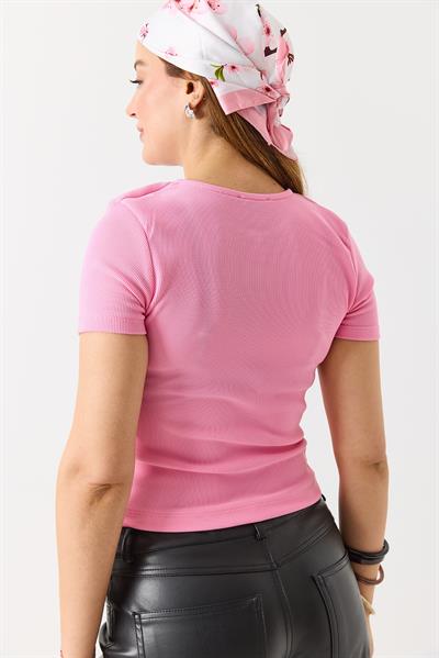 Kadın Çıtçıtlı Kısa Kollu Kaşkorse  Bluz Pembe
