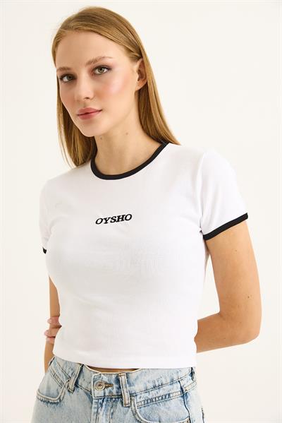 Bisiklet Yaka Nakışlı Crop Tshirt Beyaz