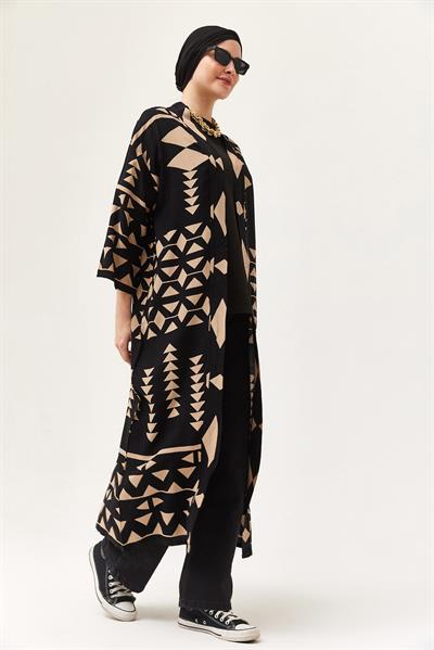 Oversize Şerit Detaylı Kimono Hırka Vizon