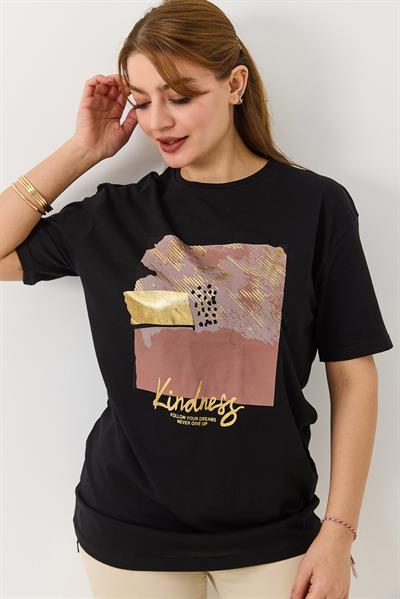 Kadın Parlak Baskılı Bisiklet Yaka Tshirt Siyah