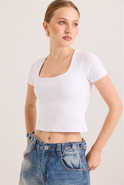 Kare Yaka Esnek Pamuk Örme Bluz Beyaz