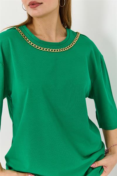 Kadın Yakası Gold Zincirli Bisiklet Yaka Tshirt Yeşil
