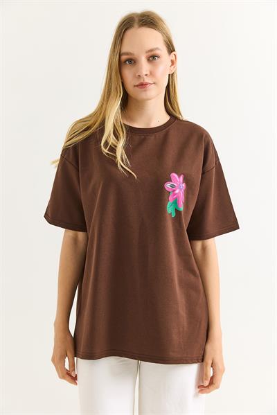 Baskılı Bisiklet Yaka Basic Tshirt Kahverengi