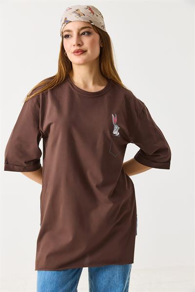 Kadın Yanları Yırtmaçlı Oversize  Basic Tshirt Kahverengi 