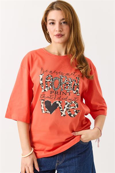 Kadın  Bisiklet Yaka Rahat Kesim Kısa Kol Tshirt Turuncu