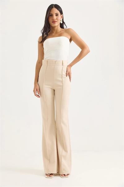 Yüksel Bel Çımalı  İspanyol Paça Pantolon Krem