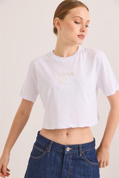 Nakışlı Örme Pamuk Crop Tshirt Beyaz