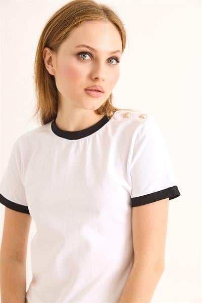 Bisiklet Yaka Kısa Kol Tshirt Beyaz