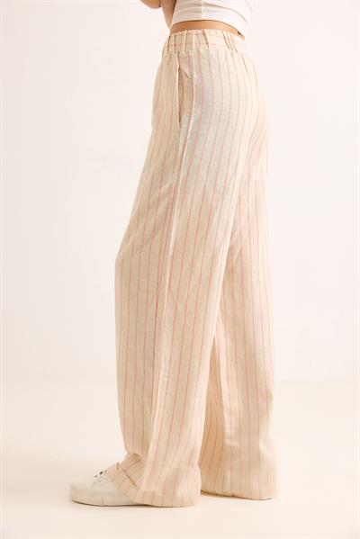 Çizgi Desenli Bol Paçalı Keten Pantolon Pembee