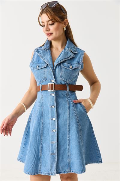 Kemerli Önden Düğmeli Kolsuz Denim Elbise Mavi