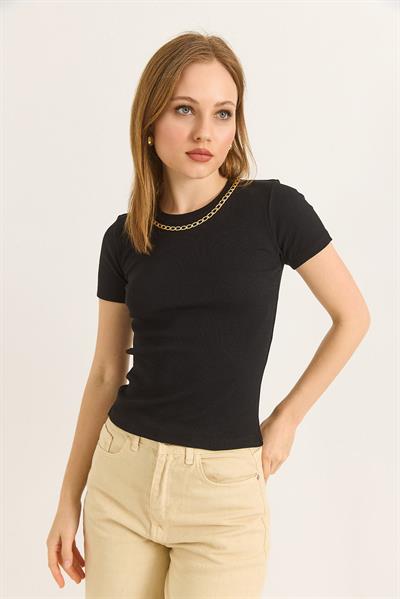 Bisiklet Yaka Zincir Detaylı Kaşkorse Bluz Siyah 