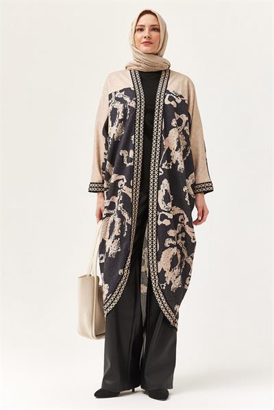 Oversize Şerit Detaylı Kimono Hırka Siyah
