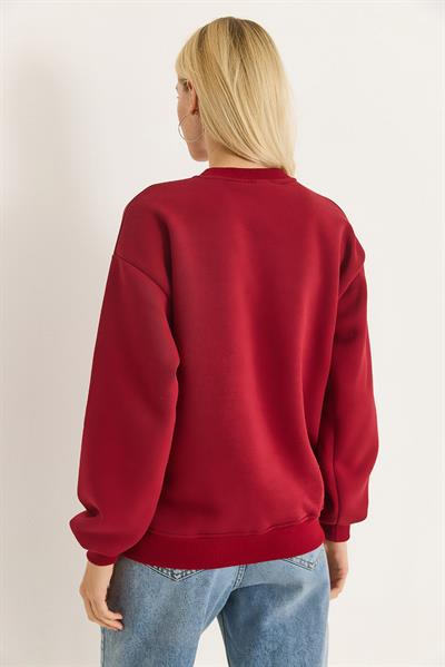 Kadın Geyik Nakışlı Üç İplik Şardonlu Sweatsirt Bordo
