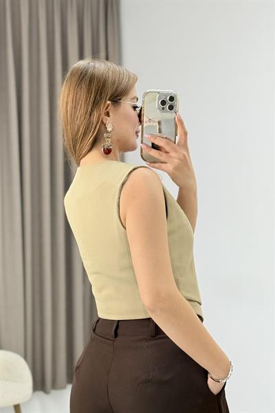 Kadın İkili Model Düğmeli Crop Kumaş Yelek Vizon