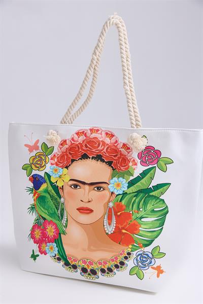 Baskılı  Fermuarlı Kadın Plaj Çantası Beyaz