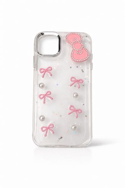 İphone 13 Pro Uyumlu Kurdeleli ve İnci Taşlı Kılıf Pembe