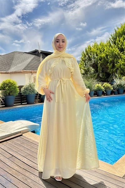 Kadın Fırfır Detay Kuşaklı Tül Modal Astarlı Elbise Sarı