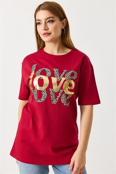 Kadın Bisiklet Yaka Kısa Kol Basic Tshirt Bordo