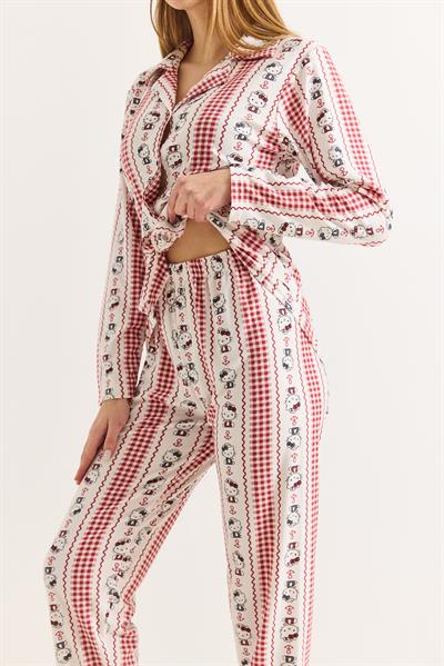 Kadın Pamuklu Polo Yaka Hello Kitty Baskılı  Pijama Takımı