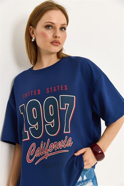 California Baskılı Oversize İki İplik Tshirt  Lacivert