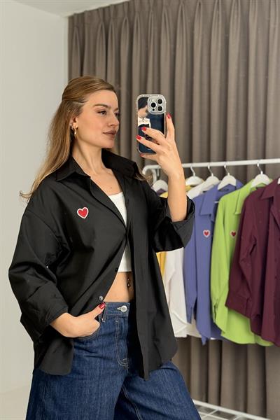 Ayıck Nakışlı Oversize Basic Gömlek Siyah