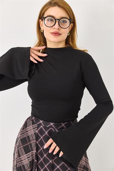 Kadın Siyah İspanyol Kol Omuzları Büzgülü Bluz