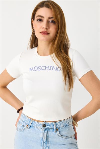 Kadın Taş Baskı Detaylı Crop Bluz Beyaz