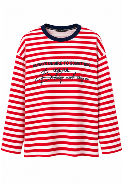 Kadın Bisiklet Yaka Baskılı Çizgili Sweatshirt Kırmızı
