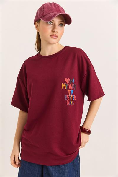 My Way Ön ve Arka Baskılı Rahat Kalıp Tshirt Bordo