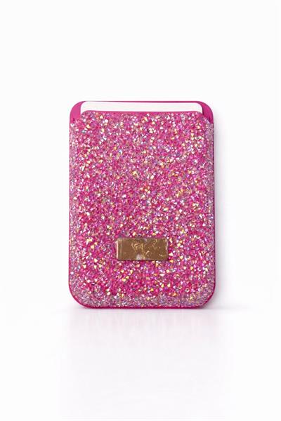 İphone 16 Pro Max Uyumlu Parlak ve Taşlı Kart Bölümlü Kılıf Pembe