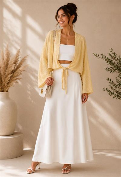 Kadın Püsküllü Önden Bağlamalı Kimono Tereyağ Sarısı