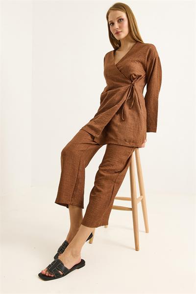 Yandan Bağlamalı Kimono Pantolon İkili Takım Taba