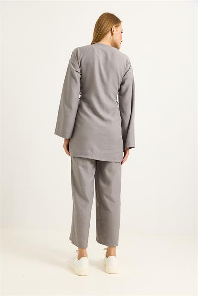 Yandan Bağlamalı Kimono Pantolon İkili Takım Gri