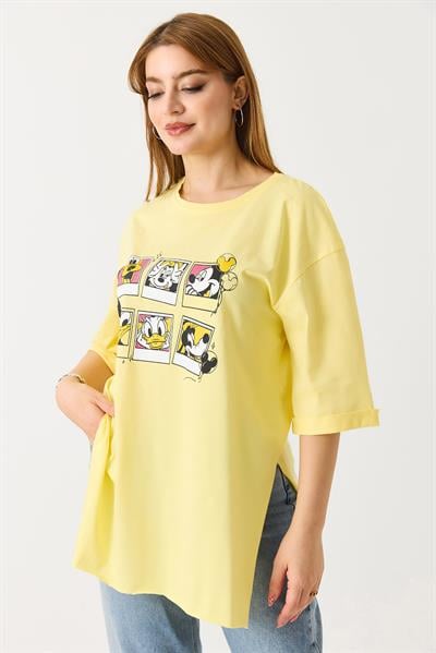 Kadın Yanı Yırtmaçlı Oversize Basic Tshirt Sarı