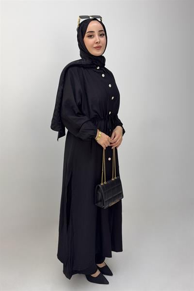 Kadın Beli Tünelli Düğmeli Uzun Tunikli İkili Takım Siyah