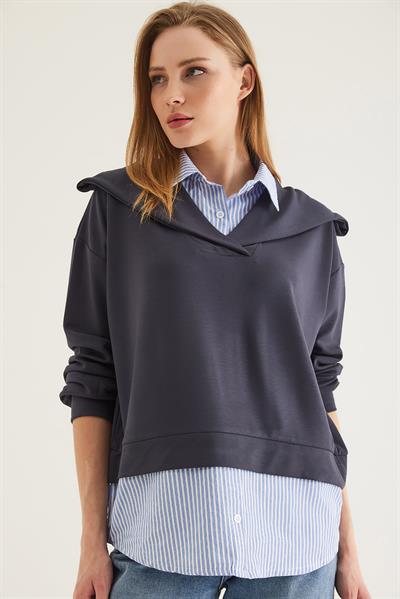 Modal Kumaş Gömlek Garnili Tunik Füme