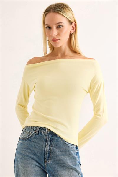 Kadın Geniş Yaka Uzun Kollu Bluz Sarı