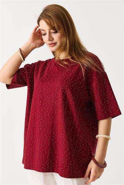 Kadın Taş Detaylı Bisiklet Yaka Oversize Tshirt Bordo