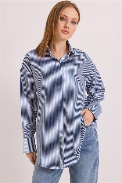 Çizgili Oversize Basic Gömlek Lacivert