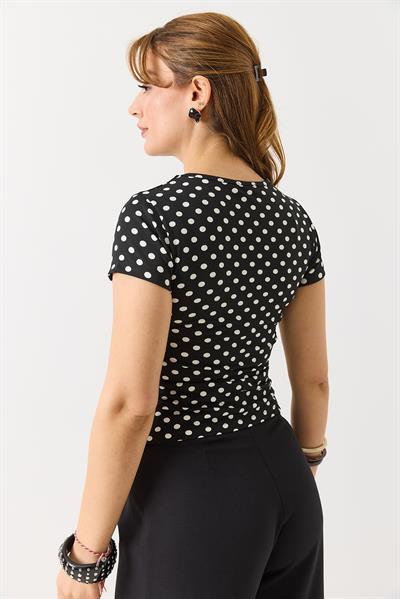 Kadın Puantiyeli Bisiklet Yaka Kısa Kollu Bluz Siyah