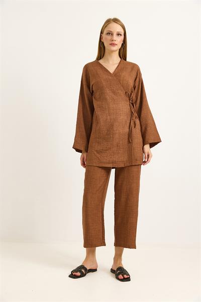 Yandan Bağlamalı Kimono Pantolon İkili Takım Taba