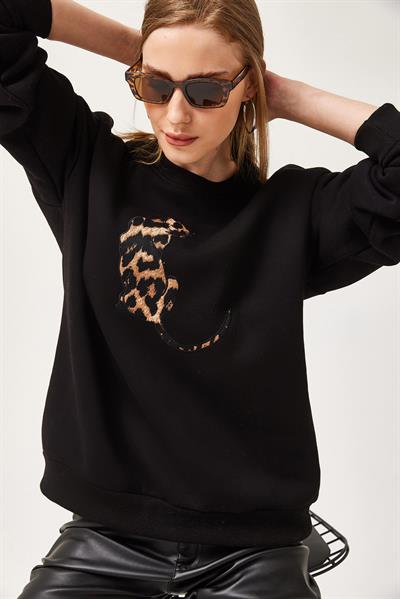 Leopar Baskılı Üç İplik Şardonlu Sweatshirt Siyah