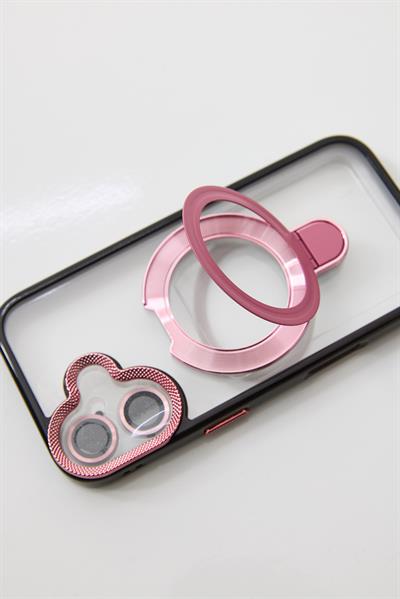 İphone 16 Uyumlu Magsafe Dönebilen Halkalı Kılıf Lens Korumalı Pembe