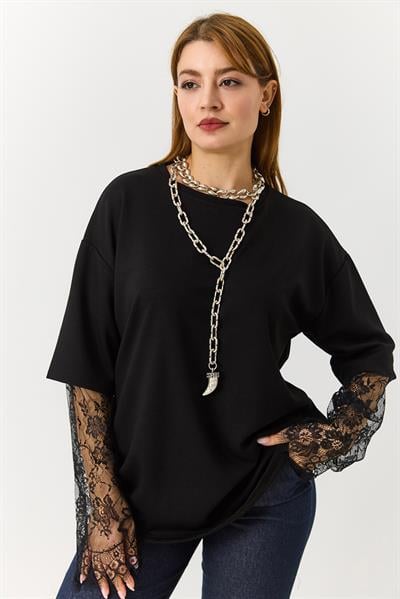 Kadın Kolu Tül Detaylı Oversize Tshirt Siyah