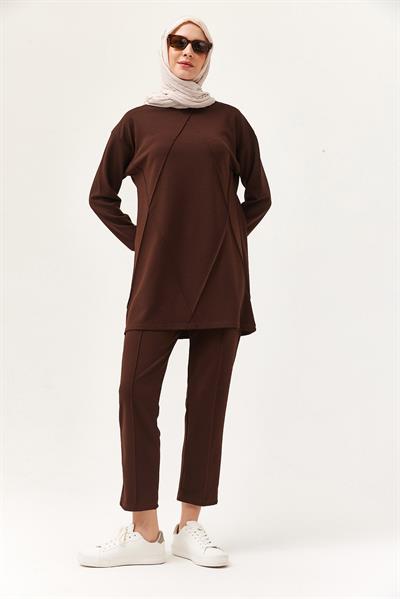 Kadın Çapraz Çizgili İkili Takım Kahve