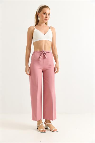 Bel Kuşaklı Bol Paça Krep Pantolon Gül Kurusu
