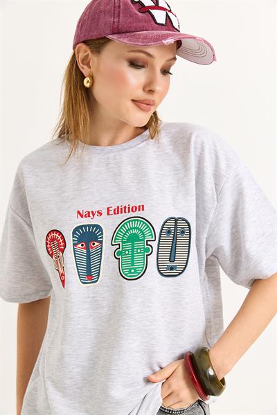 Baskılı Oversize Tshirt Gri