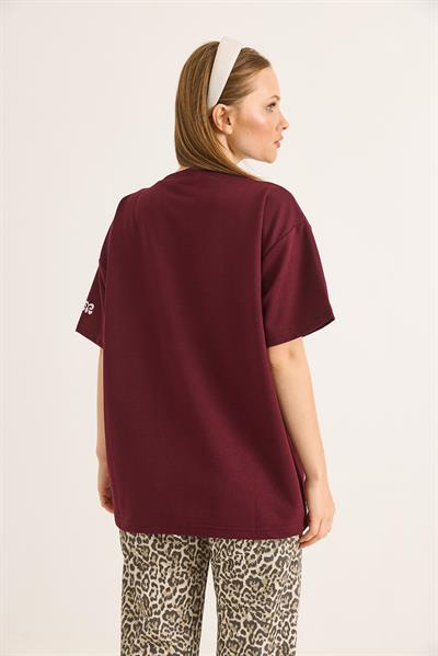 Bisiklet Yaka Baskılı Oversize Tshirt Bordo
