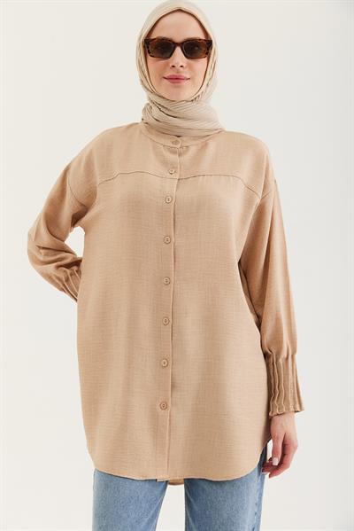 Keten Kumaş Kol Nervül Detaylı Gömlek Tunik Bej