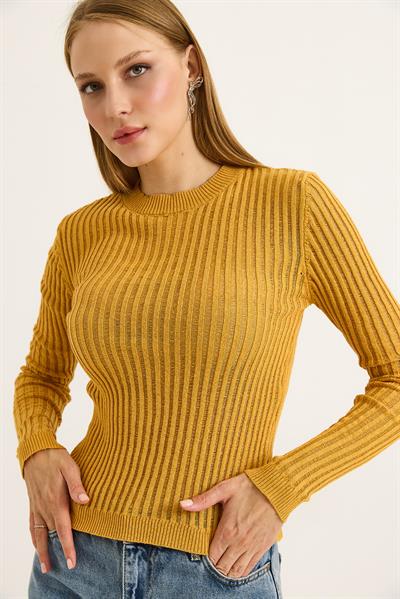 Bisiklet Yaka Triko Örme Bluz Hardal